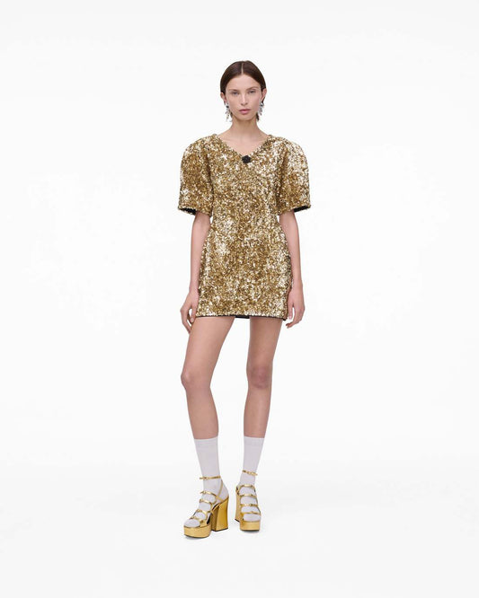 Marc Jacobs Sequin V-Neck Knit Dress Gold